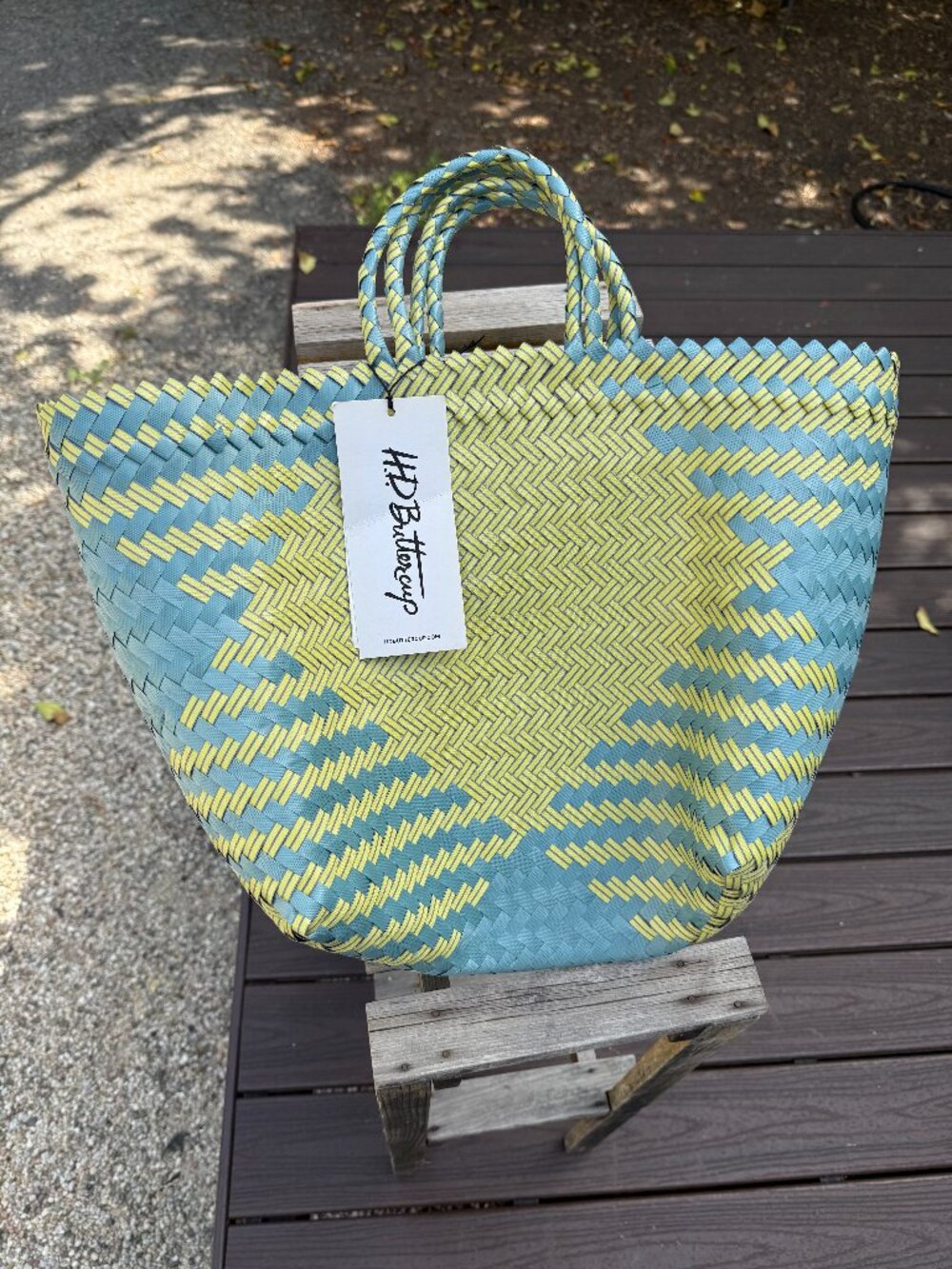 Woven Tote Bag-H.D. Buttercup Los Angeles - New - Large Pastel Green and Blue